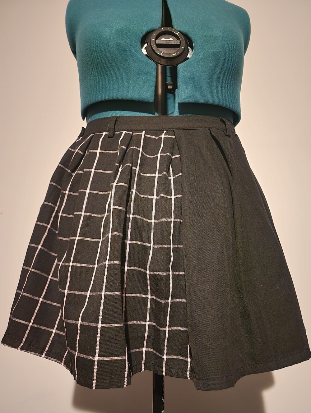Black Windowpane Pleated Skater Skirt